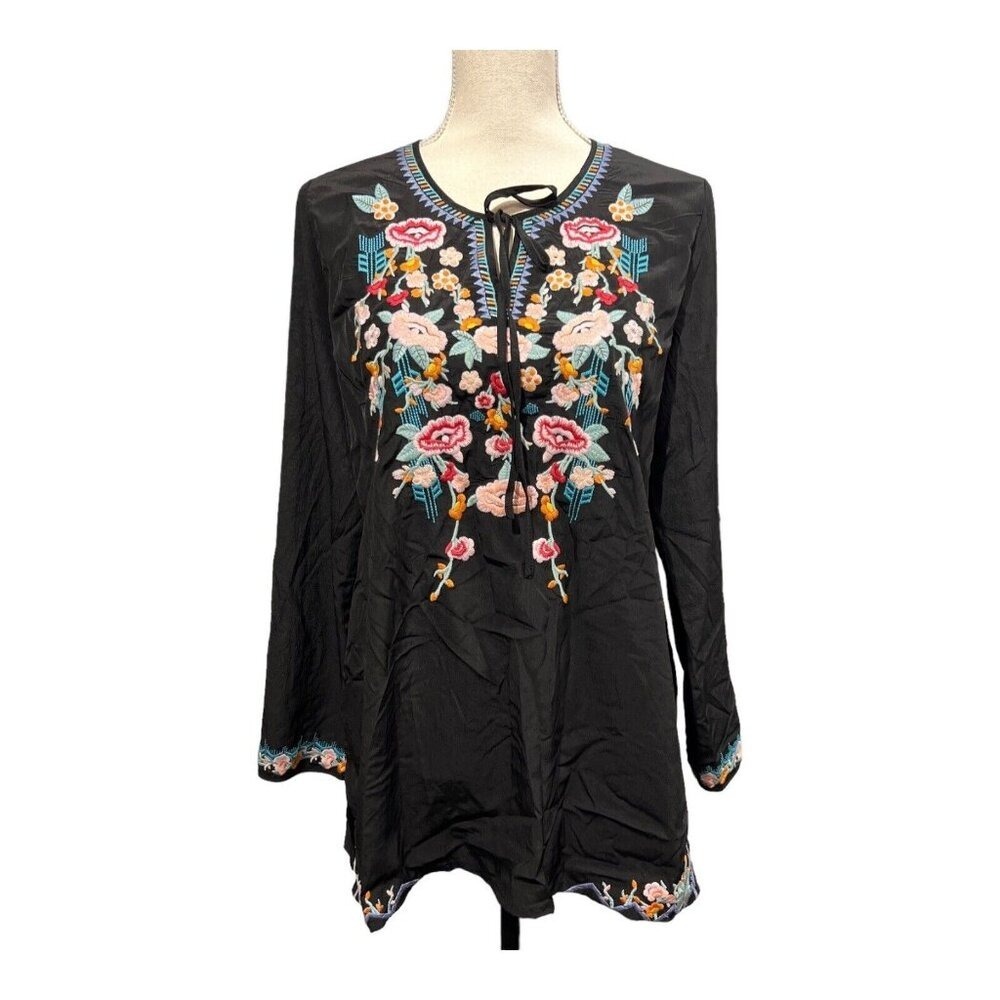 Faith & Zoe Embroidered Black Long Sleeve Tunic Top Women S Boho Hippie Festival